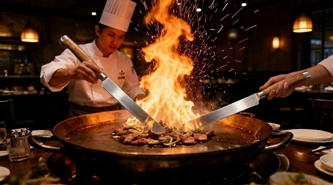 Chef working a flaming Mongolian grill